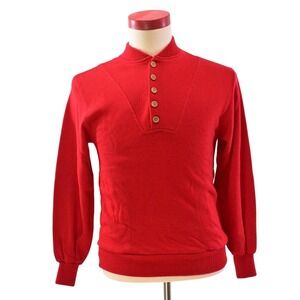 80s Vintage Western Henley Sweater Mens S Red Knit Pointed Yoke Ribbed USA